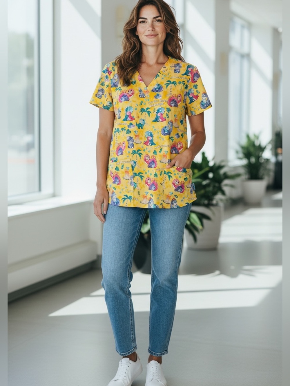 NWT Cherokee Yellow V-Neck Baby Saur  Dino Print Scrub Top Size XL